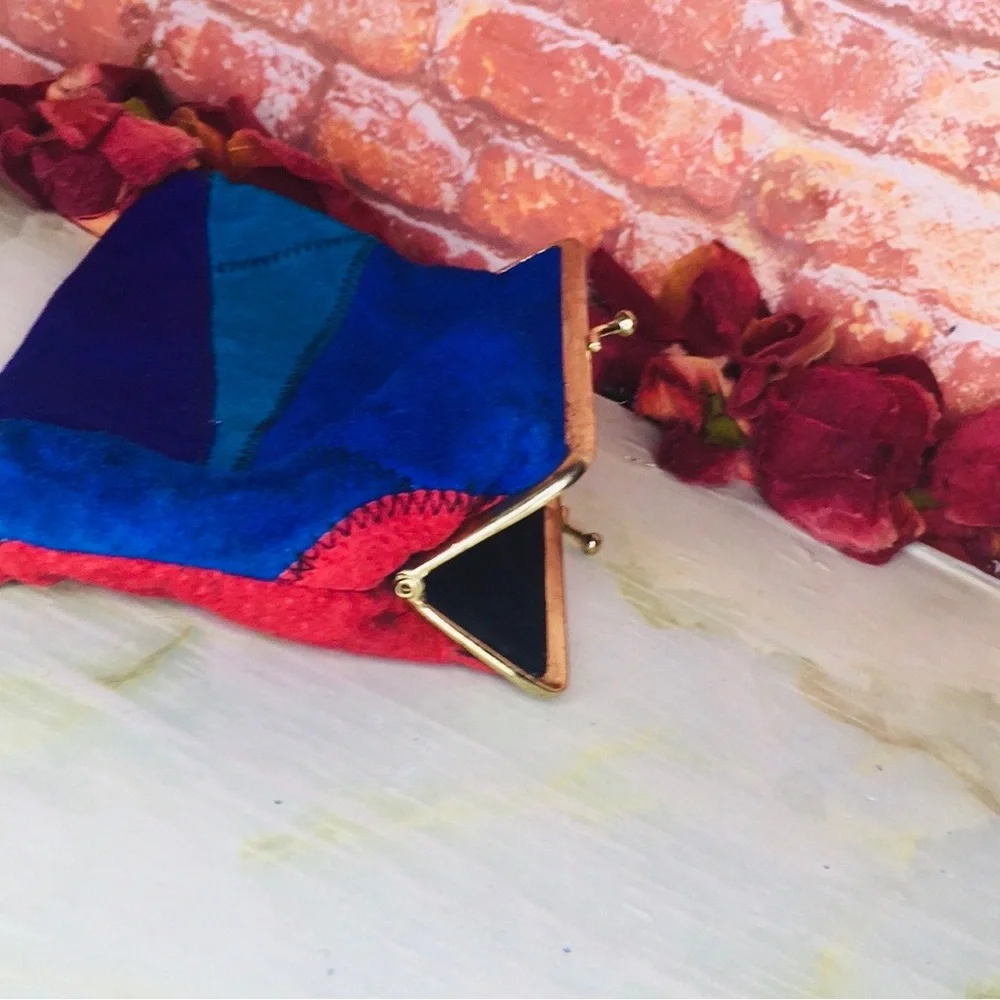 Vintage 70s Colorful Patchwork Kiss-lock Suede Clutch